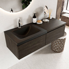 MONDIAZ BUKLA 120cm badmeubel met module 60 kleur Dark Brown met 2 lades. Wastafel CLOUD links 1 kraangat kleur Urban.