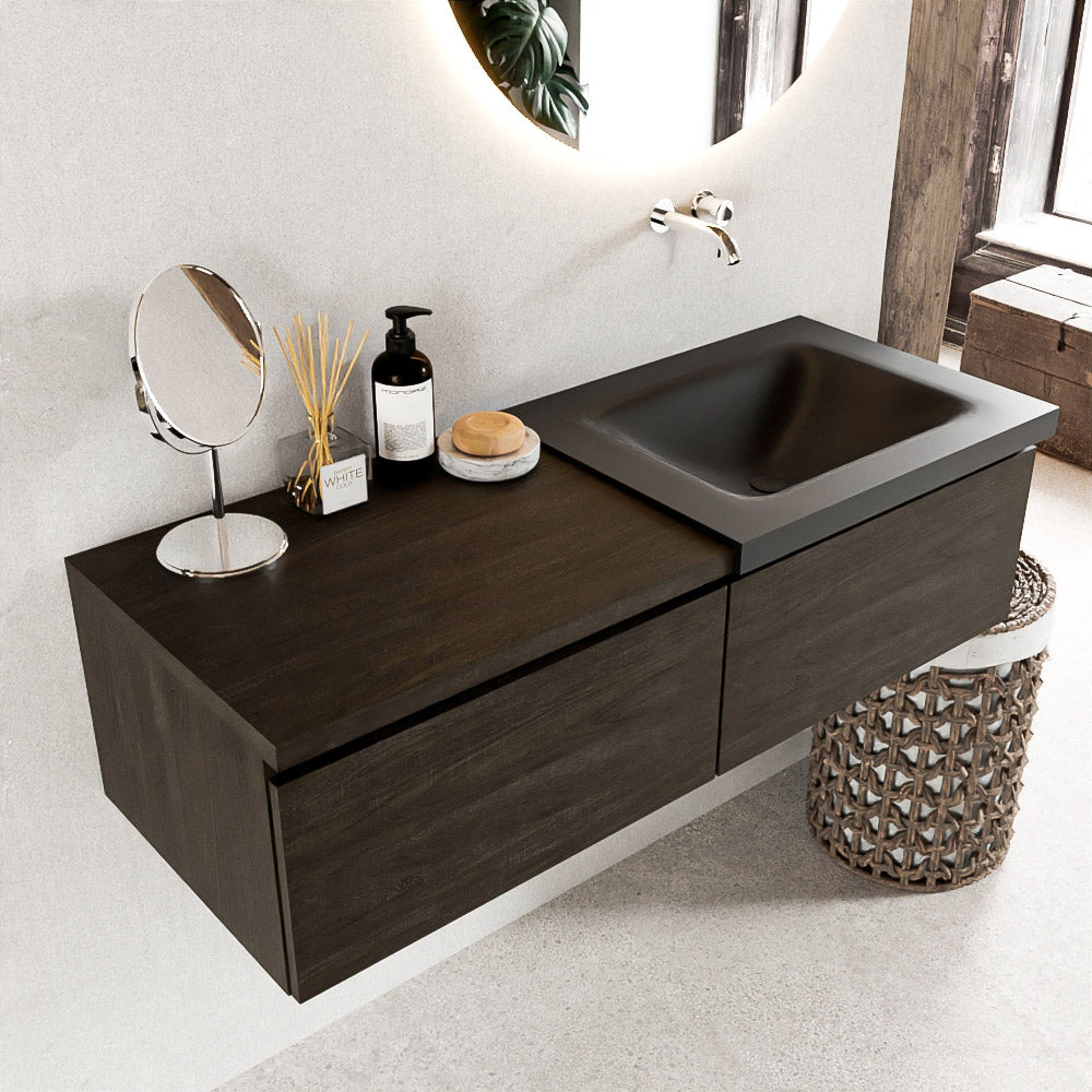 MONDIAZ BUKLA 120cm badmeubel met module 60 kleur Dark Brown met 2 lades. Wastafel CLOUD rechts 0 kraangaten kleur Urban.