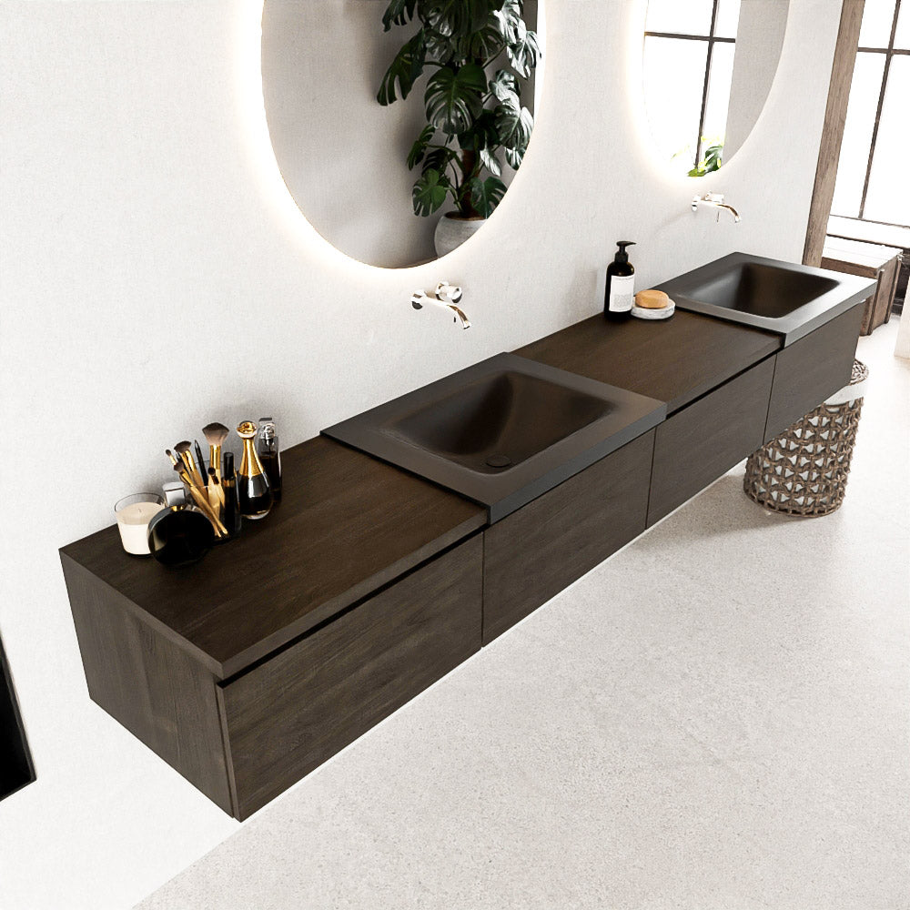 MONDIAZ BUKLA 240cm badmeubel met module 60 links kleur Dark Brown met 4 lades. Wastafel CLOUD dubbel 0 kraangaten kleur Urban.