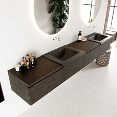 MONDIAZ BUKLA 240cm badmeubel met module 60 links kleur Dark Brown met 4 lades. Wastafel CLOUD dubbel 0 kraangaten kleur Urban.