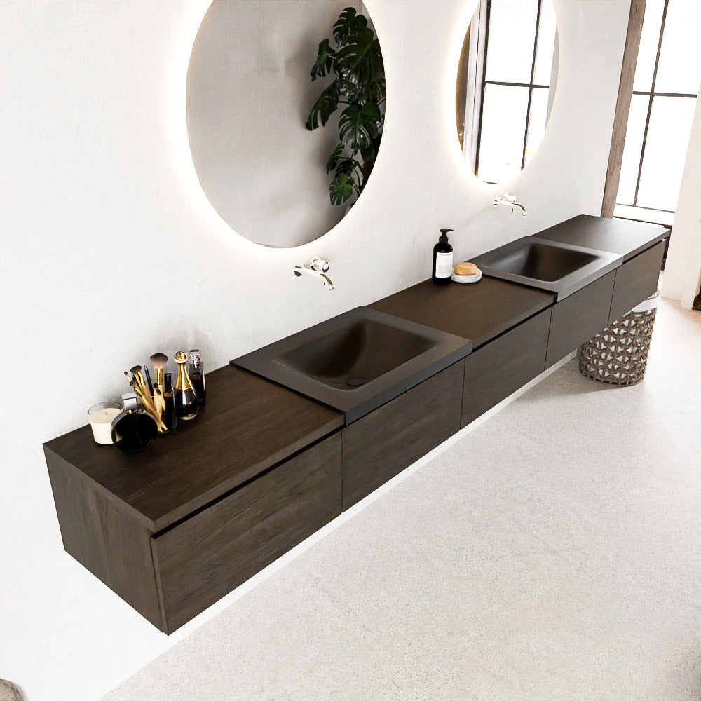 MONDIAZ BUKLA 300cm badmeubel met module 60 kleur Dark Brown met 5 lades. Wastafel CLOUD dubbel 0 kraangaten kleur Urban.
