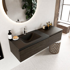MONDIAZ BUKLA 140cm badmeubel met module 60 kleur Dark Brown met 2 lades. Wastafel CLOUD links 1 kraangat kleur Urban.