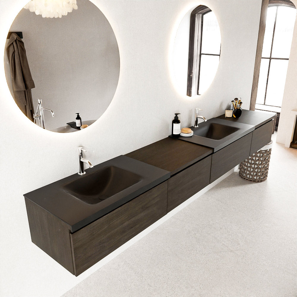 MONDIAZ BUKLA 280cm badmeubel met module 60 links kleur Dark Brown met 4 lades. Wastafel CLOUD dubbel 2 kraangaten kleur Urban.