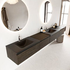 MONDIAZ BUKLA 280cm badmeubel met module 60 links kleur Dark Brown met 4 lades. Wastafel CLOUD dubbel 2 kraangaten kleur Urban.