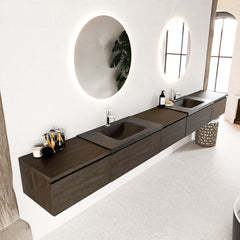 MONDIAZ BUKLA 340cm badmeubel met module 60 kleur Dark Brown met 5 lades. Wastafel CLOUD dubbel 2 kraangaten kleur Urban.