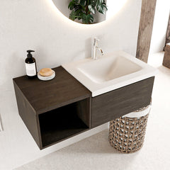 MONDIAZ BUKLA 100cm badmeubel met open module 40 kleur Dark Brown met 1 lade. Wastafel CLOUD rechts 1 kraangat kleur Talc.