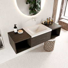 MONDIAZ BUKLA 140cm badmeubel met open module 40 L+R kleur Dark Brown met 2 lades. Wastafel CLOUD midden 0 kraangaten kleur Talc.