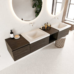 MONDIAZ BUKLA 200cm badmeubel met open module 40 rechts kleur Dark Brown met 3 lades. Wastafel CLOUD dubbel 0 kraangaten kleur Talc.