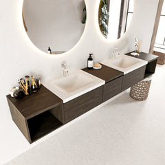 MONDIAZ BUKLA 240cm badmeubel met open module 40 L+R kleur Dark Brown met 3 lades. Wastafel CLOUD dubbel 2 kraangaten kleur Talc.