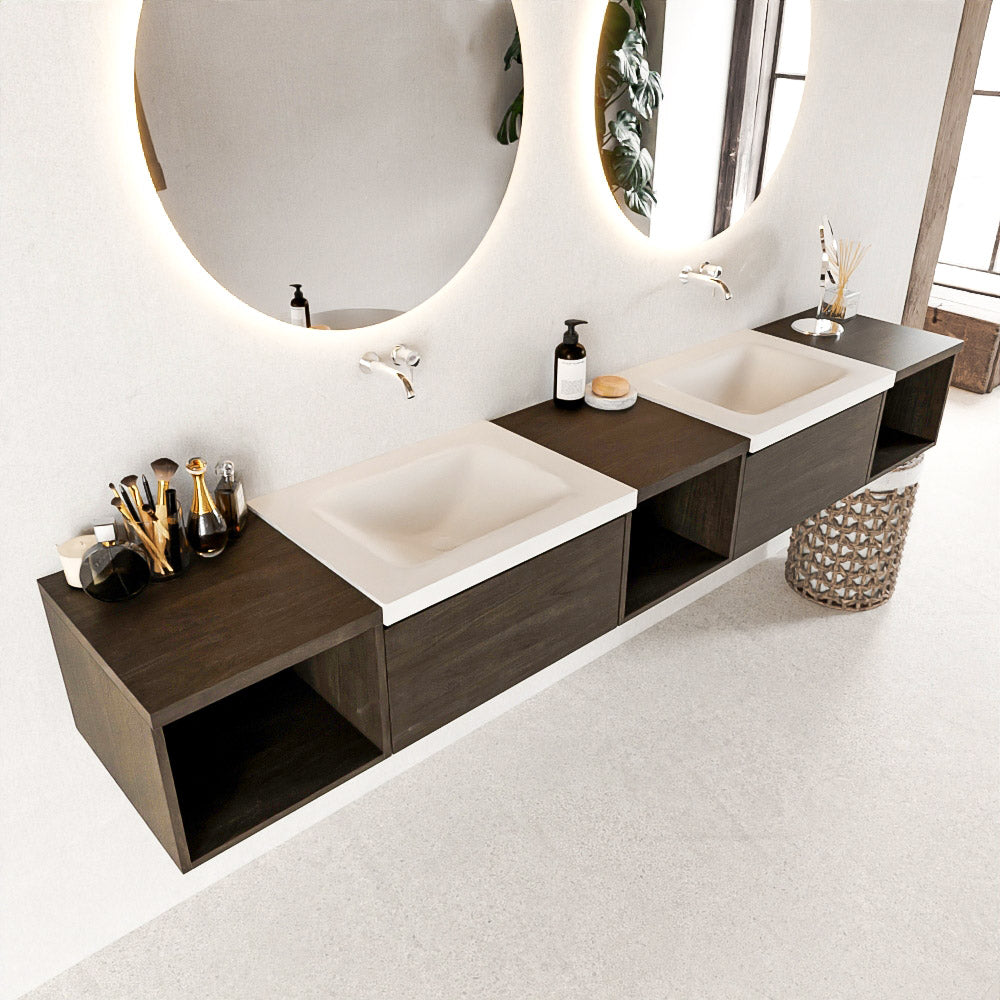 MONDIAZ BUKLA 240cm badmeubel met open module 40 L+M+R kleur Dark Brown met 2 lades. Wastafel CLOUD dubbel 0 kraangaten kleur Talc.
