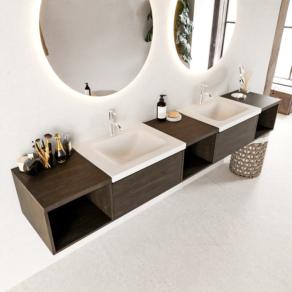 MONDIAZ BUKLA 240cm badmeubel met open module 40 L+M+R kleur Dark Brown met 2 lades. Wastafel CLOUD dubbel 2 kraangaten kleur Talc.