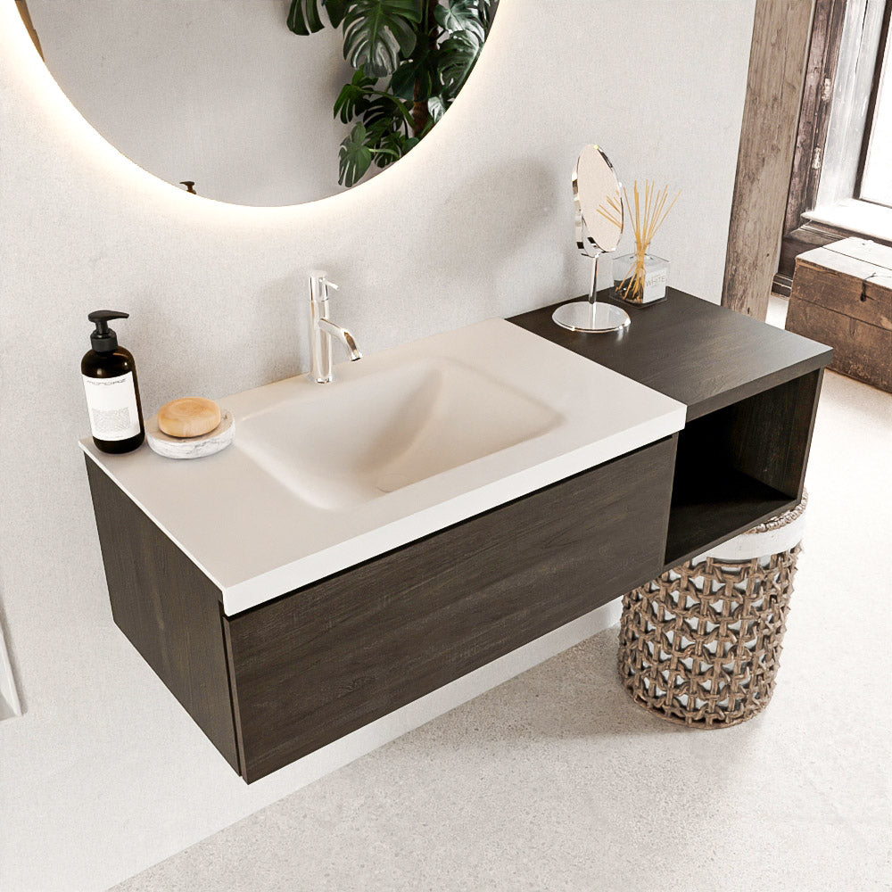 MONDIAZ BUKLA 120cm badmeubel met open module 40 kleur Dark Brown met 1 lade. Wastafel CLOUD links 1 kraangat kleur Talc.