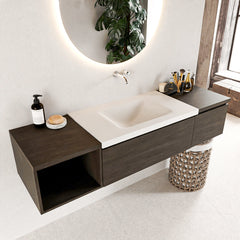 MONDIAZ BUKLA 160cm badmeubel met open module 40 links kleur Dark Brown met 2 lades. Wastafel CLOUD midden 0 kraangaten kleur Talc.