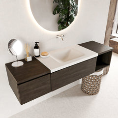 MONDIAZ BUKLA 160cm badmeubel met open module 40 rechts kleur Dark Brown met 2 lades. Wastafel CLOUD midden 0 kraangaten kleur Talc.