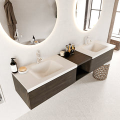 MONDIAZ BUKLA 200cm badmeubel met open module 40 kleur Dark Brown met 2 lades. Wastafel CLOUD dubbel 2 kraangaten kleur Talc.