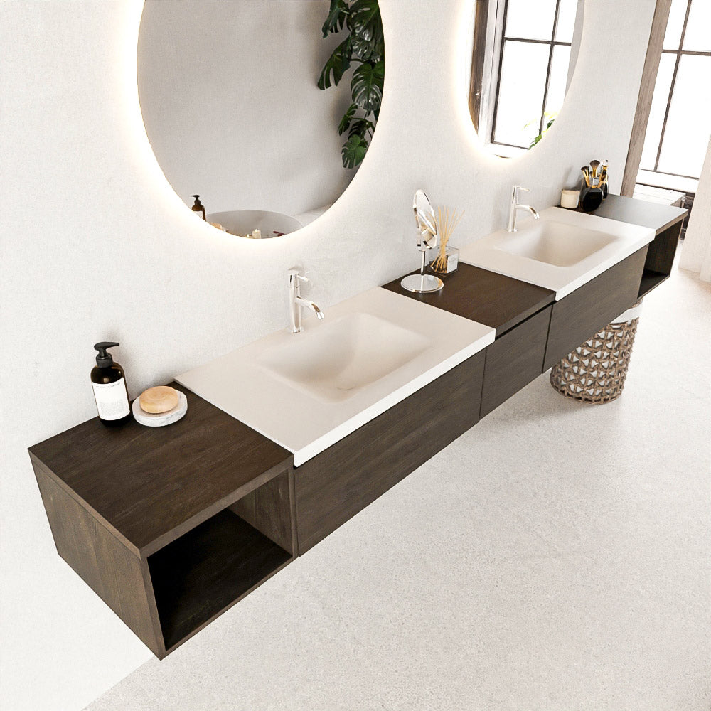 MONDIAZ BUKLA 280cm badmeubel met open module 40 L+R kleur Dark Brown met 3 lades. Wastafel CLOUD dubbel 2 kraangaten kleur Talc.