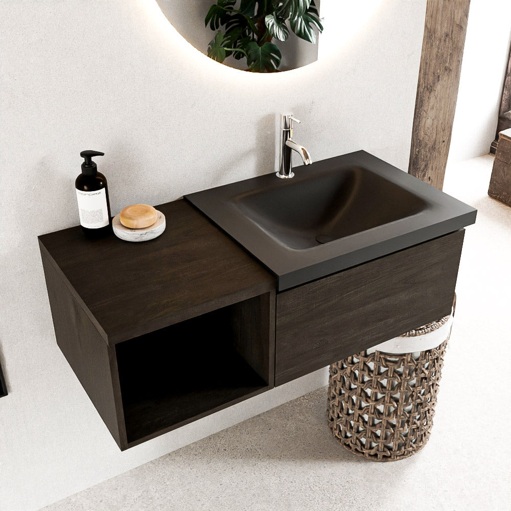MONDIAZ BUKLA 100cm badmeubel met open module 40 kleur Dark Brown met 1 lade. Wastafel CLOUD rechts 1 kraangat kleur Urban.