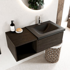 MONDIAZ BUKLA 100cm badmeubel met open module 40 kleur Dark Brown met 1 lade. Wastafel CLOUD rechts 1 kraangat kleur Urban.