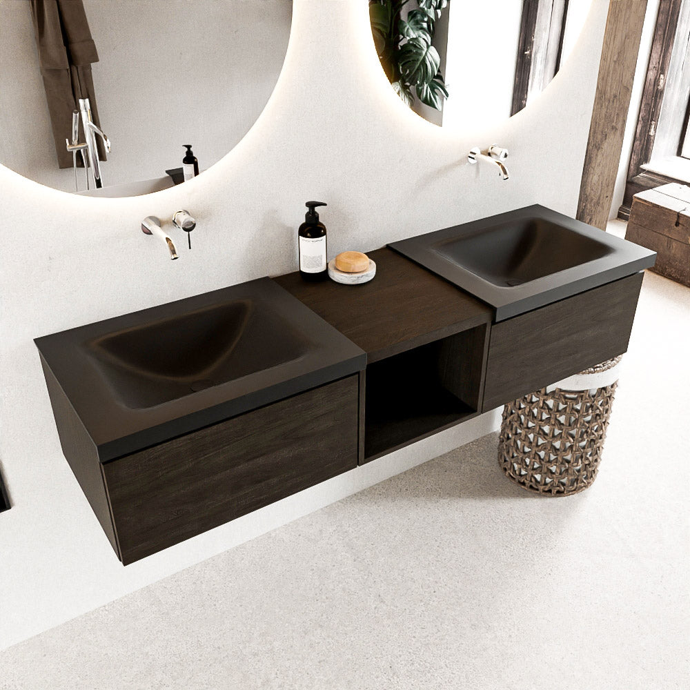 MONDIAZ BUKLA 160cm badmeubel met open module 40 kleur Dark Brown met 2 lades. Wastafel CLOUD dubbel 0 kraangaten kleur Urban.
