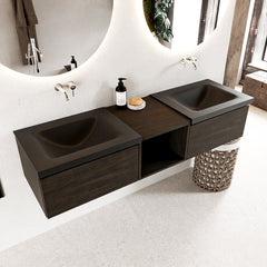 MONDIAZ BUKLA 160cm badmeubel met open module 40 kleur Dark Brown met 2 lades. Wastafel CLOUD dubbel 0 kraangaten kleur Urban.