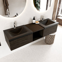MONDIAZ BUKLA 160cm badmeubel met open module 40 kleur Dark Brown met 2 lades. Wastafel CLOUD dubbel 2 kraangaten kleur Urban.