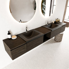 MONDIAZ BUKLA 240cm badmeubel met open module 40 midden kleur Dark Brown met 4 lades. Wastafel CLOUD dubbel 2 kraangaten kleur Urban.