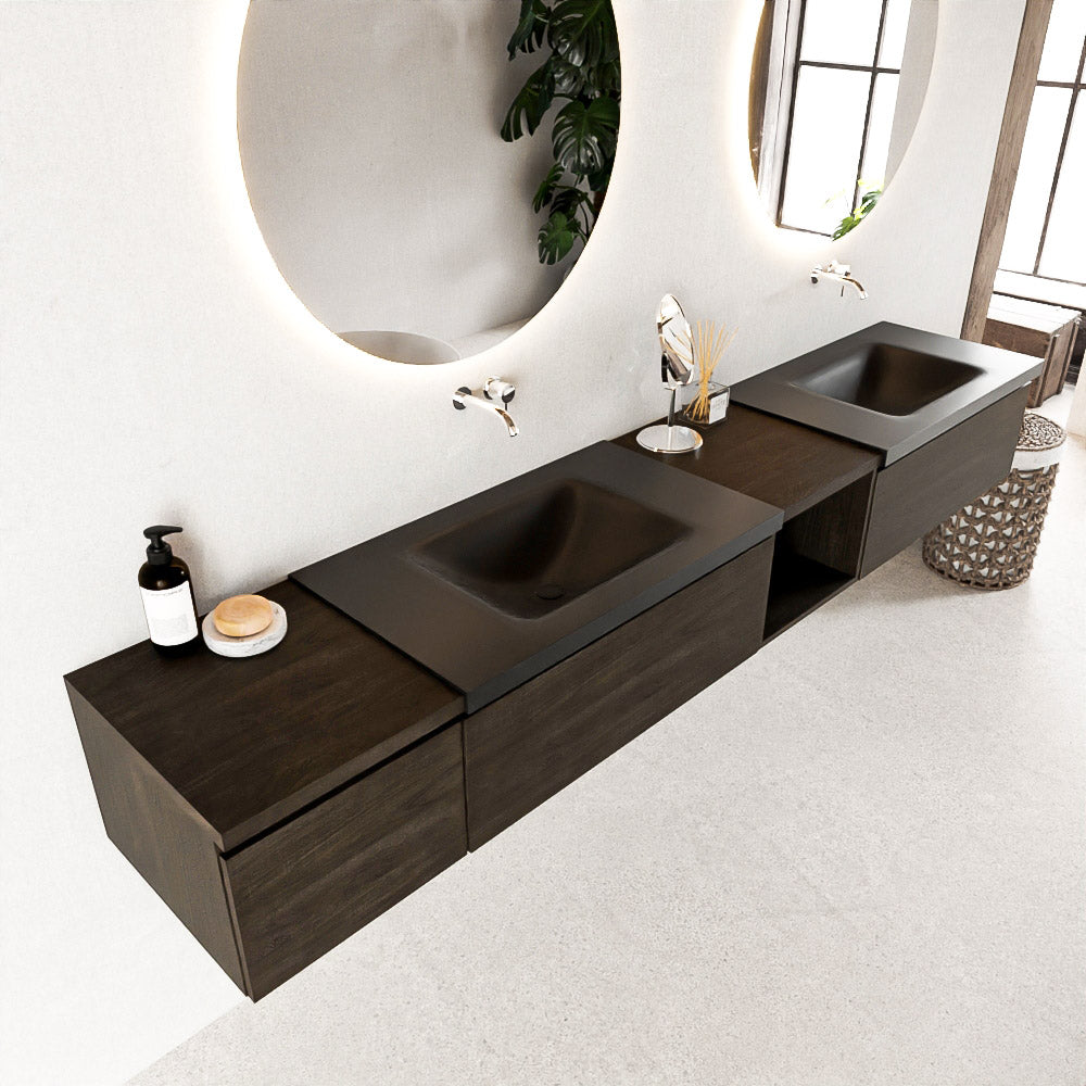 MONDIAZ BUKLA 240cm badmeubel met open module 40 rechts kleur Dark Brown met 3 lades. Wastafel CLOUD dubbel 0 kraangaten kleur Urban.
