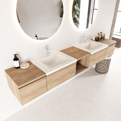 MONDIAZ BUKLA 240cm badmeubel met open module 40 midden kleur Washed Oak met 4 lades. Wastafel CLOUD dubbel 2 kraangaten kleur Talc.