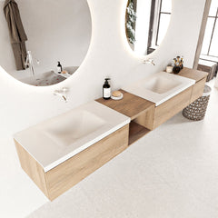 MONDIAZ BUKLA 240cm badmeubel met open module 40 links kleur Washed Oak met 3 lades. Wastafel CLOUD dubbel 0 kraangaten kleur Talc.