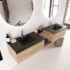 MONDIAZ BUKLA 200cm badmeubel met open module 40 kleur Washed Oak met 2 lades. Wastafel CLOUD dubbel 2 kraangaten kleur Urban.