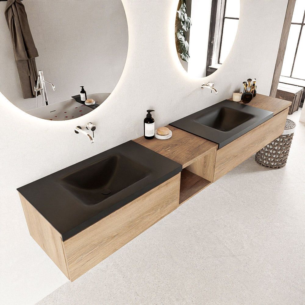 MONDIAZ BUKLA 240cm badmeubel met open module 40 links kleur Washed Oak met 3 lades. Wastafel CLOUD dubbel 0 kraangaten kleur Urban.