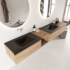 MONDIAZ BUKLA 240cm badmeubel met open module 40 links kleur Washed Oak met 3 lades. Wastafel CLOUD dubbel 0 kraangaten kleur Urban.