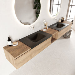 MONDIAZ BUKLA 280cm badmeubel met open module 40 midden kleur Washed Oak met 4 lades. Wastafel CLOUD dubbel 0 kraangaten kleur Urban.
