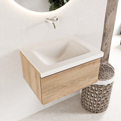 MONDIAZ BUKLA 60cm badmeubel modulair kleur Washed Oak met 1 lade. Wastafel CLOUD midden 0 kraangaten kleur Talc.