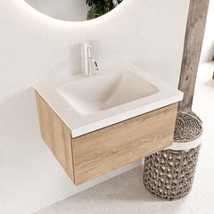 MONDIAZ BUKLA 60cm badmeubel modulair kleur Washed Oak met 1 lade. Wastafel CLOUD midden 1 kraangat kleur Talc.