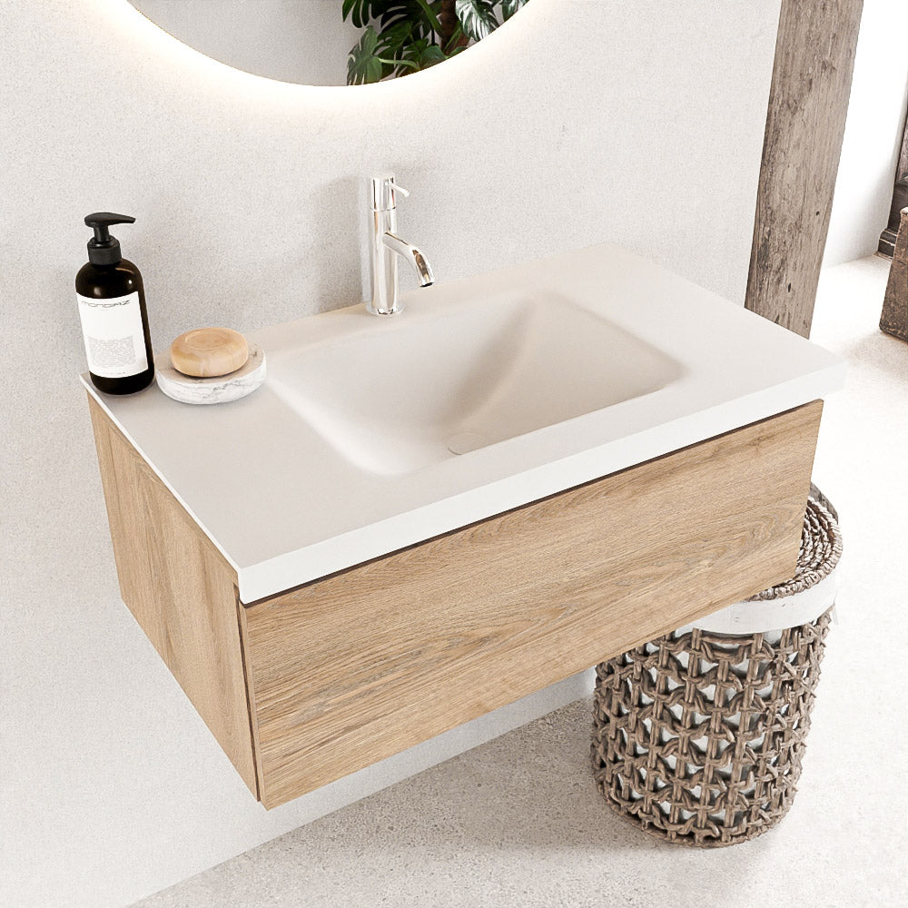 MONDIAZ BUKLA 80cm badmeubel modulair kleur Washed Oak met 1 lade. Wastafel CLOUD midden 1 kraangat kleur Talc.
