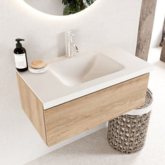 MONDIAZ BUKLA 80cm badmeubel modulair kleur Washed Oak met 1 lade. Wastafel CLOUD midden 1 kraangat kleur Talc.