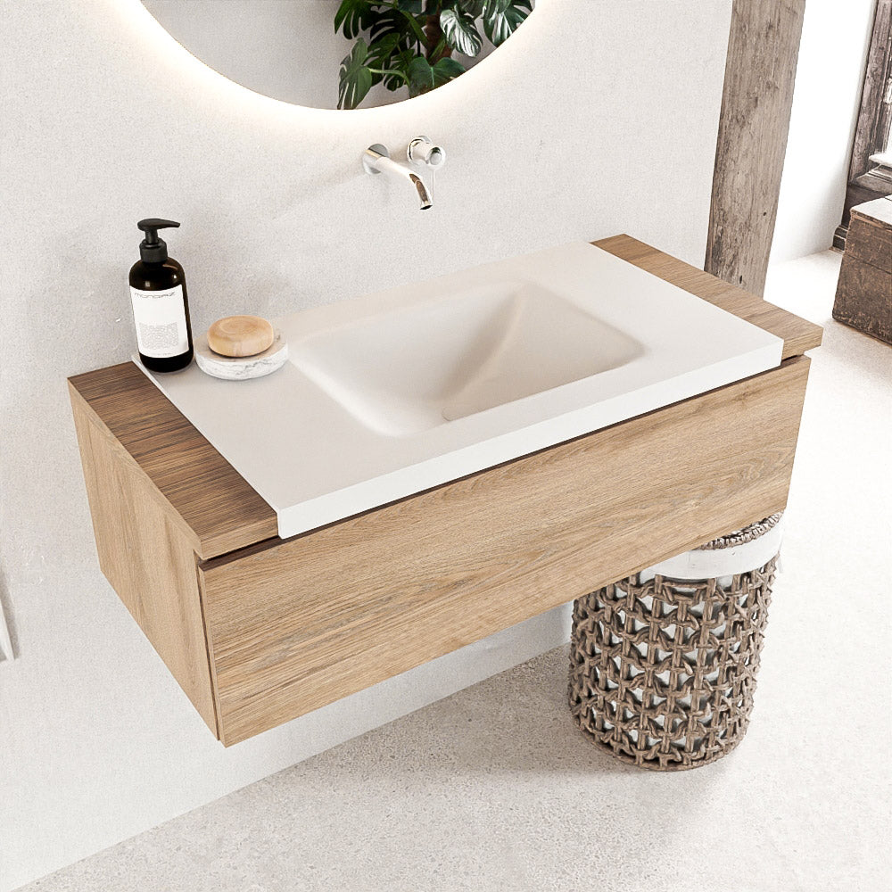 MONDIAZ BUKLA 100cm badmeubel onderkast kleur Washed Oak met 1 lade. Wastafel CLOUD midden 0 kraangaten kleur Talc.
