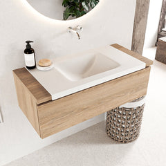 MONDIAZ BUKLA 100cm badmeubel onderkast kleur Washed Oak met 1 lade. Wastafel CLOUD midden 0 kraangaten kleur Talc.