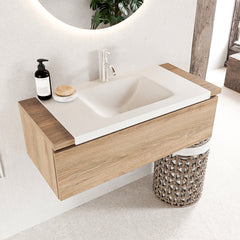 MONDIAZ BUKLA 100cm badmeubel onderkast kleur Washed Oak met 1 lade. Wastafel CLOUD midden 1 kraangat kleur Talc.