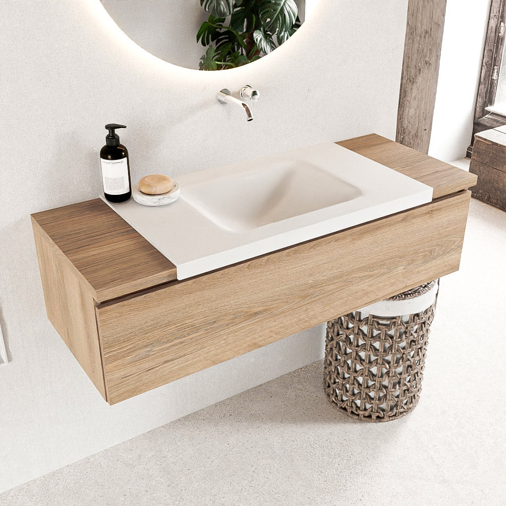 MONDIAZ BUKLA 120cm badmeubel onderkast kleur Washed Oak met 1 lade. Wastafel CLOUD midden 0 kraangaten kleur Talc.