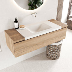 MONDIAZ BUKLA 120cm badmeubel onderkast kleur Washed Oak met 1 lade. Wastafel CLOUD midden 0 kraangaten kleur Talc.