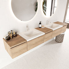MONDIAZ BUKLA 240cm badmeubel met module 40 kleur Washed Oak met 5 lades. Wastafel CLOUD dubbel 2 kraangaten kleur Talc.