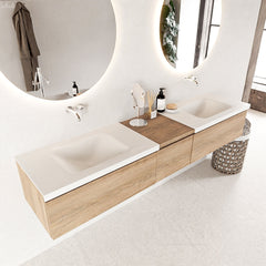 MONDIAZ BUKLA 200cm badmeubel met module 40 kleur Washed Oak met 3 lades. Wastafel CLOUD dubbel 0 kraangaten kleur Talc.