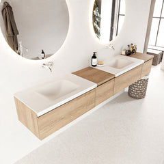 MONDIAZ BUKLA 240cm badmeubel met module 40 links kleur Washed Oak met 4 lades. Wastafel CLOUD dubbel 0 kraangaten kleur Talc.
