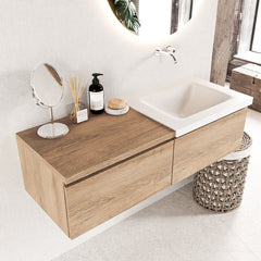 MONDIAZ BUKLA 120cm badmeubel met module 60 kleur Washed Oak met 2 lades. Wastafel CLOUD rechts 0 kraangaten kleur Talc.