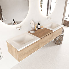 MONDIAZ BUKLA 180cm badmeubel met module 60 kleur Washed Oak met 3 lades. Wastafel CLOUD dubbel 0 kraangaten kleur Talc.