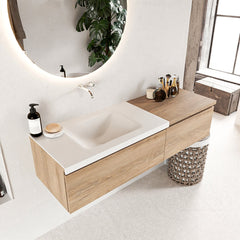 MONDIAZ BUKLA 140cm badmeubel met module 60 kleur Washed Oak met 2 lades. Wastafel CLOUD links 0 kraangaten kleur Talc.