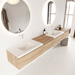 MONDIAZ BUKLA 280cm badmeubel met module 60 links kleur Washed Oak met 4 lades. Wastafel CLOUD dubbel 0 kraangaten kleur Talc.