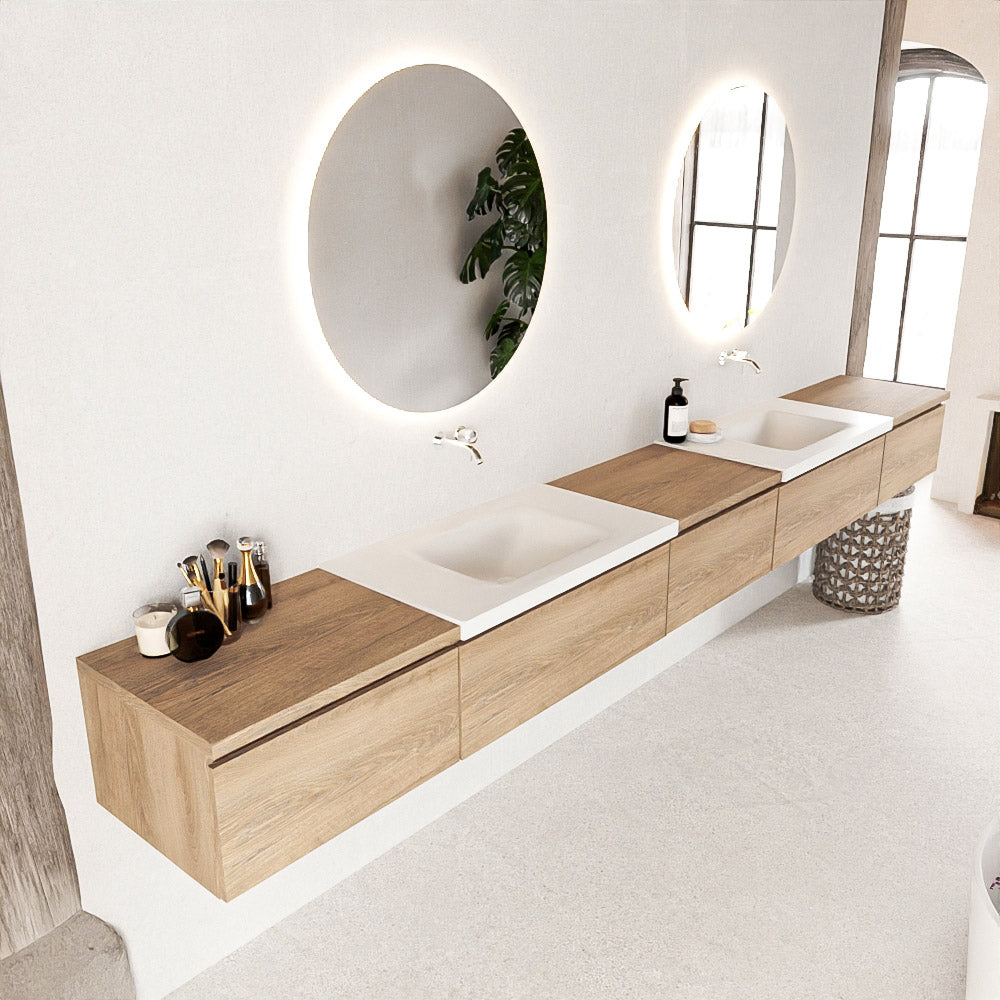 MONDIAZ BUKLA 340cm badmeubel met module 60 kleur Washed Oak met 5 lades. Wastafel CLOUD dubbel 0 kraangaten kleur Talc.